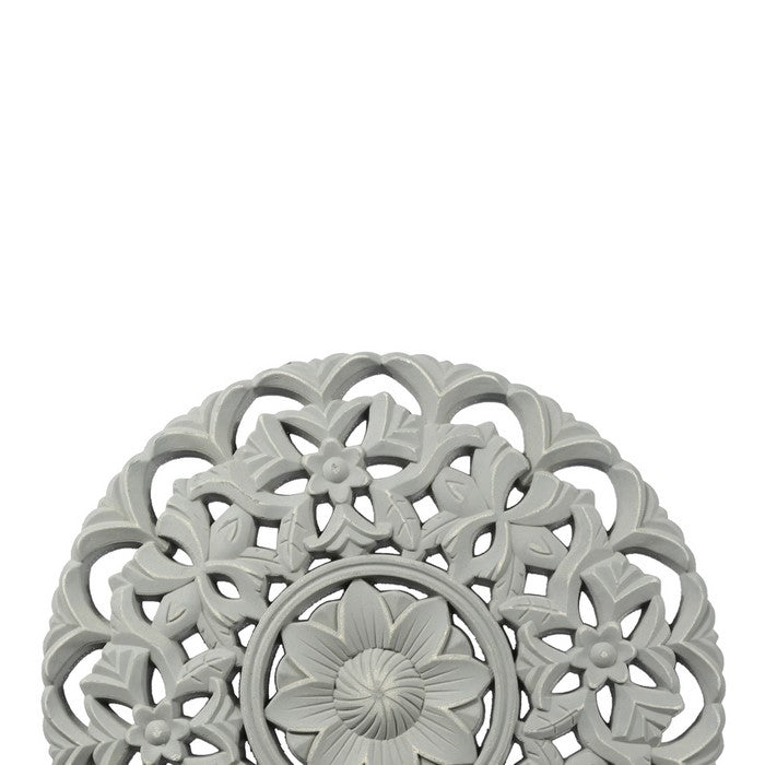 Round Wooden Accent Decor with Floral Cut Out, Gray