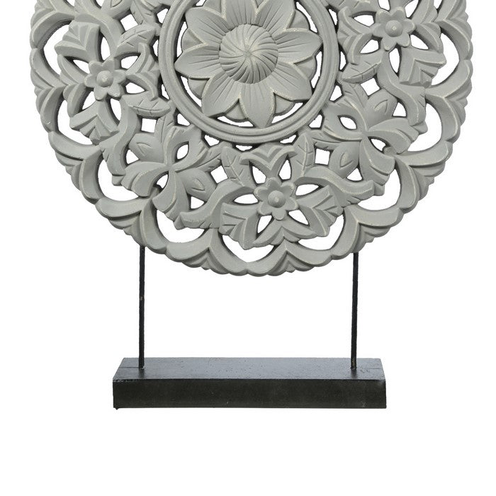 Round Wooden Accent Decor with Floral Cut Out, Gray
