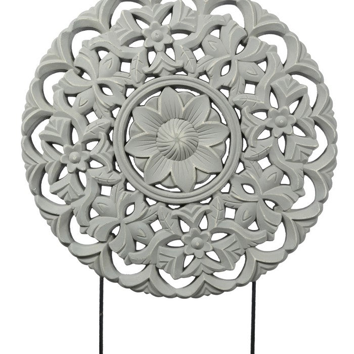 Round Wooden Accent Decor with Floral Cut Out, Gray