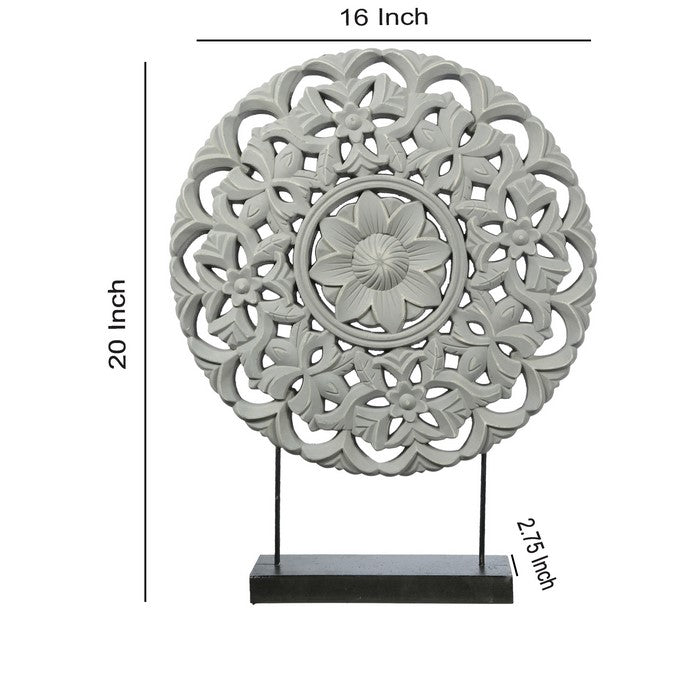 Round Wooden Accent Decor with Floral Cut Out, Gray