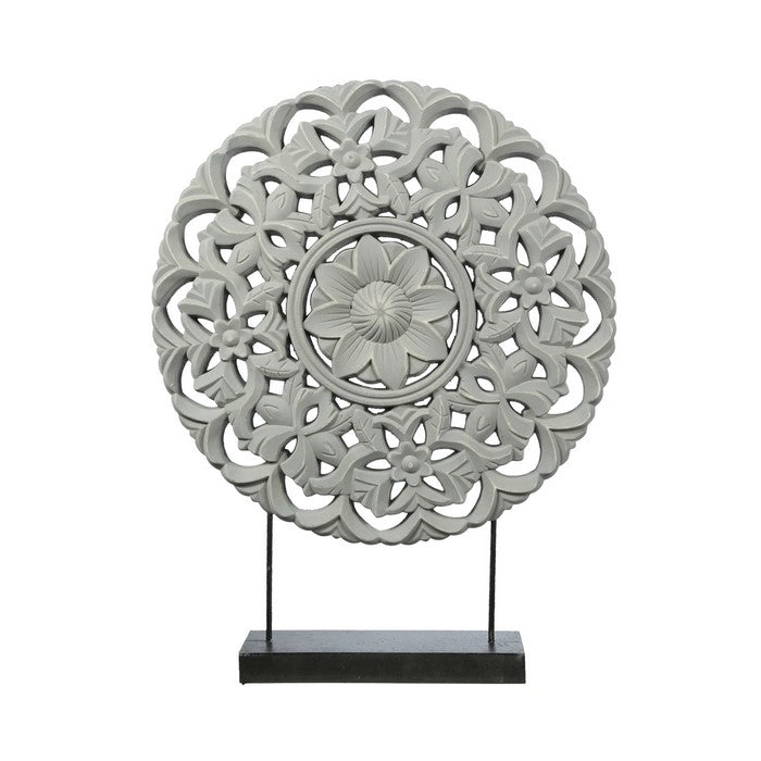 Round Wooden Accent Decor with Floral Cut Out, Gray
