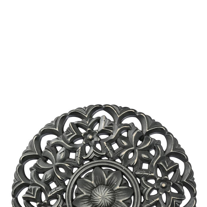 Round Wooden Accent Decor with Floral Cut Out, Black