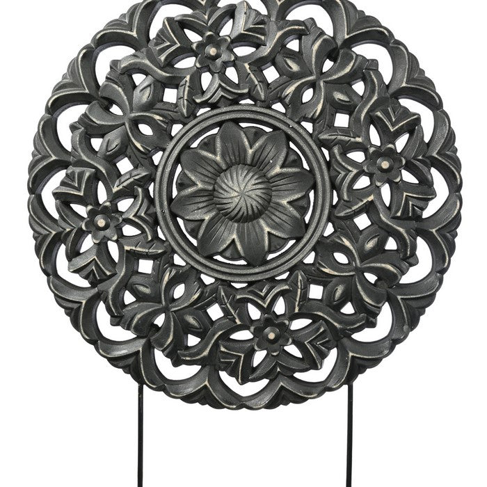 Round Wooden Accent Decor with Floral Cut Out, Black