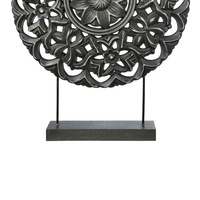 Round Wooden Accent Decor with Floral Cut Out, Black