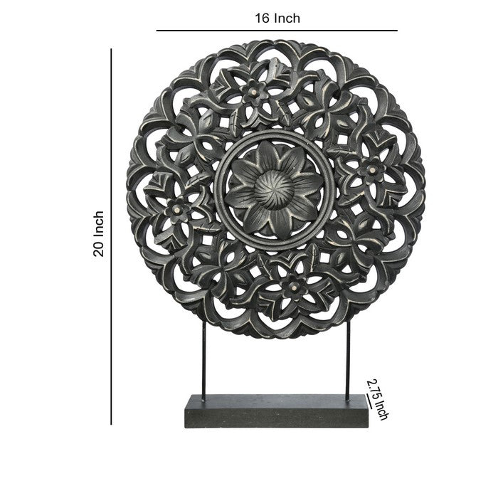 Round Wooden Accent Decor with Floral Cut Out, Black
