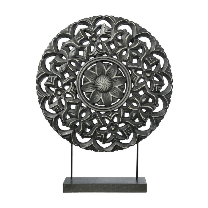 Round Wooden Accent Decor with Floral Cut Out, Black