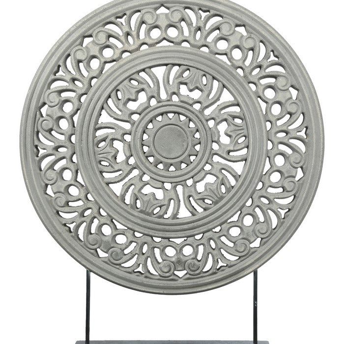 Round Wooden Frame Accent Decor with Intricate Floral Cut Out, Gray