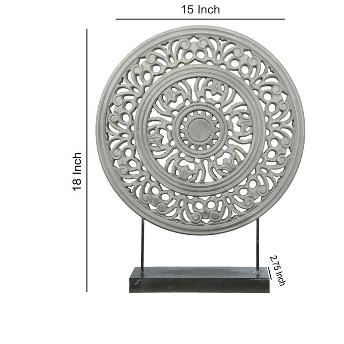 Round Wooden Frame Accent Decor with Intricate Floral Cut Out, Gray