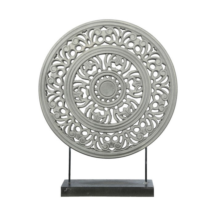 Round Wooden Frame Accent Decor with Intricate Floral Cut Out, Gray