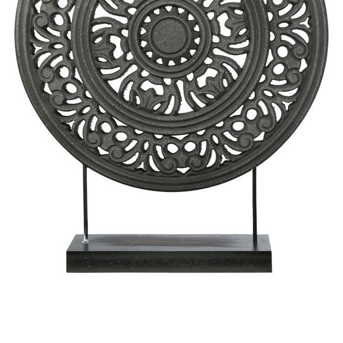 Round Wooden Frame Accent Decor with Intricate Floral Cut Out, Black