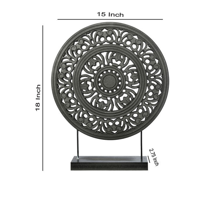 Round Wooden Frame Accent Decor with Intricate Floral Cut Out, Black