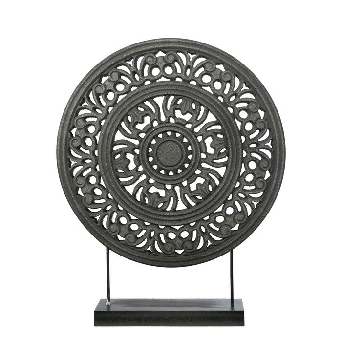 Round Wooden Frame Accent Decor with Intricate Floral Cut Out, Black