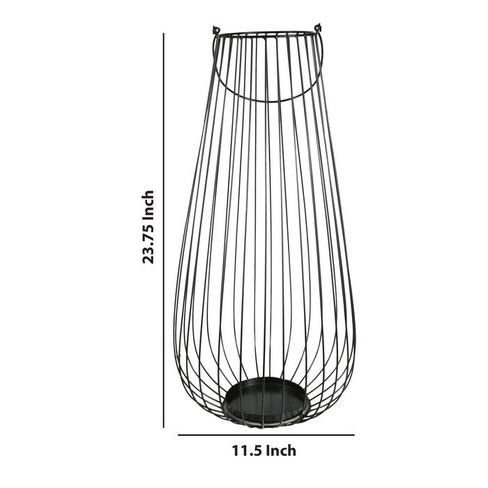 Bellied Shape Metal Frame Lantern with Hanging Hardware, Small, Black