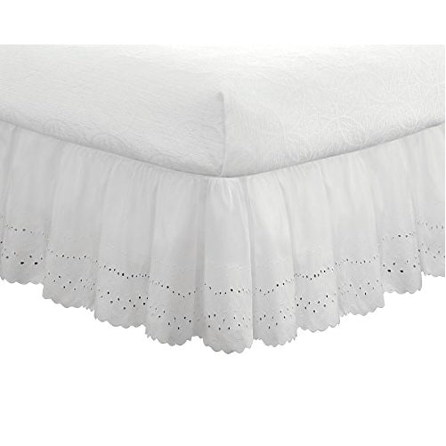 Eyelet Ruffled Bedskirt – Ruffled Bedding with Gathered Styling – 18” Drop, Queen, White