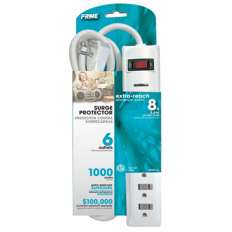 Prime Wire and Cable PB802126 6-Outlet 1000-Joule Surge Protector with 8-Foot Cord