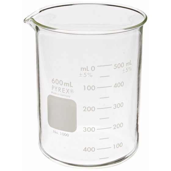 Corning Pyrex 1000-600 Glass 600mL Graduated Low Form Griffin Beaker, 50mL Graduation Interval, with Double Scale