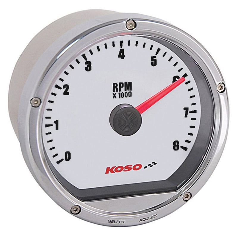Koso BA035103 White/Chrome TNT-01R Tachometer (8 000 RPM)