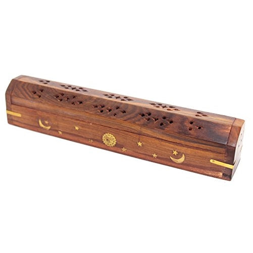 Govinda - Wooden Coffin Incense Burner - 12" Sun Moon Star- Brass Inlays - Storage Compartment