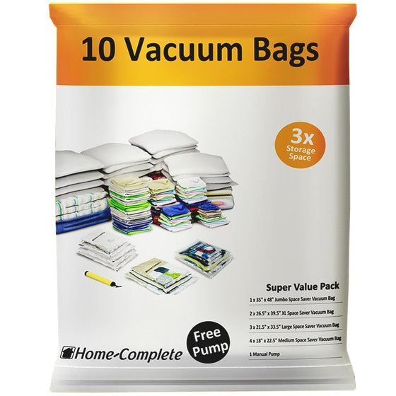 Home-Complete Vacuum Storage Bag Bundle - 10 Space Saver Bags and Free Travel Pump - Save Closet Space with Airtight Bags