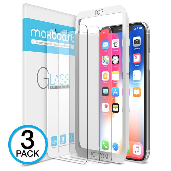 iPhone X Screen Protector, Maxboost (Clear, 3 Packs) iPhone X Tempered Glass Screen Protectors [3D Touch] 0.25mm Screen Protector Glass for Apple iPhoneX 2017 work with most case 99% Touch Accurate