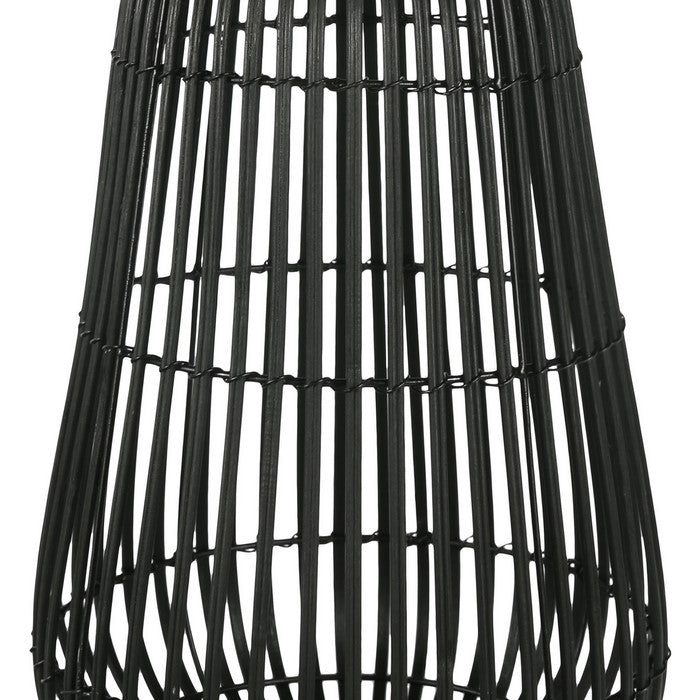 Metal Frame Bellied Lantern with Wooden Lattice Design, Large, Black