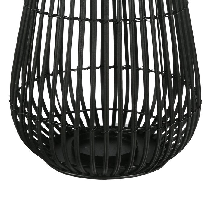 Metal Frame Bellied Lantern with Wooden Lattice Design, Large, Black