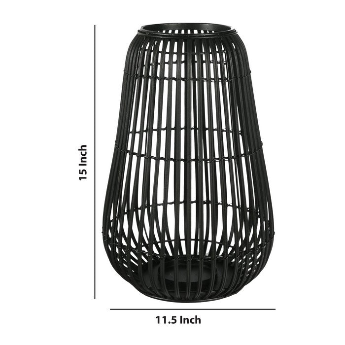 Metal Frame Bellied Lantern with Wooden Lattice Design, Large, Black