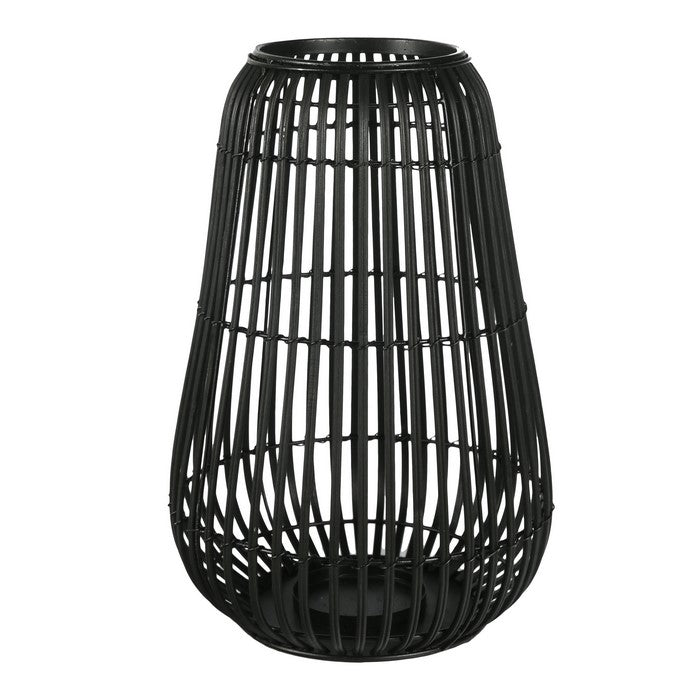 Metal Frame Bellied Lantern with Wooden Lattice Design, Large, Black