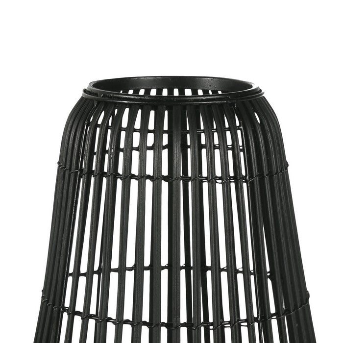 Metal Frame Bellied Lantern with Wooden Lattice Design, Small, Black
