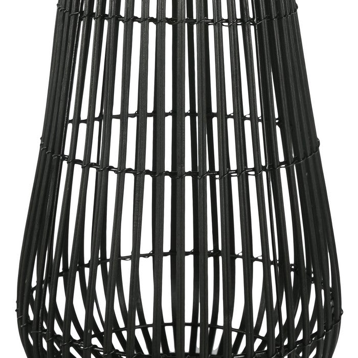 Metal Frame Bellied Lantern with Wooden Lattice Design, Small, Black