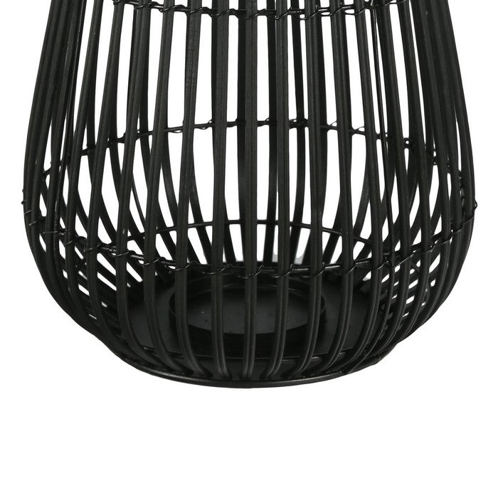 Metal Frame Bellied Lantern with Wooden Lattice Design, Small, Black
