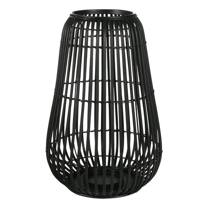 Metal Frame Bellied Lantern with Wooden Lattice Design, Small, Black