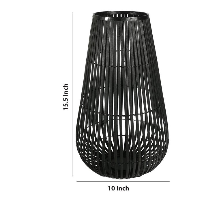 Tear Drop Shaped Open Caged Metal Frame Lantern with Weaving, Medium, Black