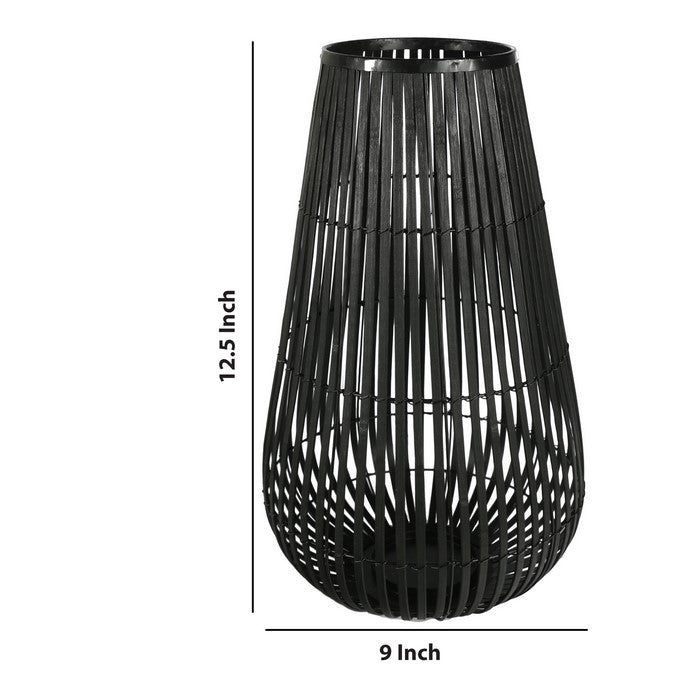 Tear Drop Shaped Open Caged Metal Frame Lantern with Weaving, Small, Black