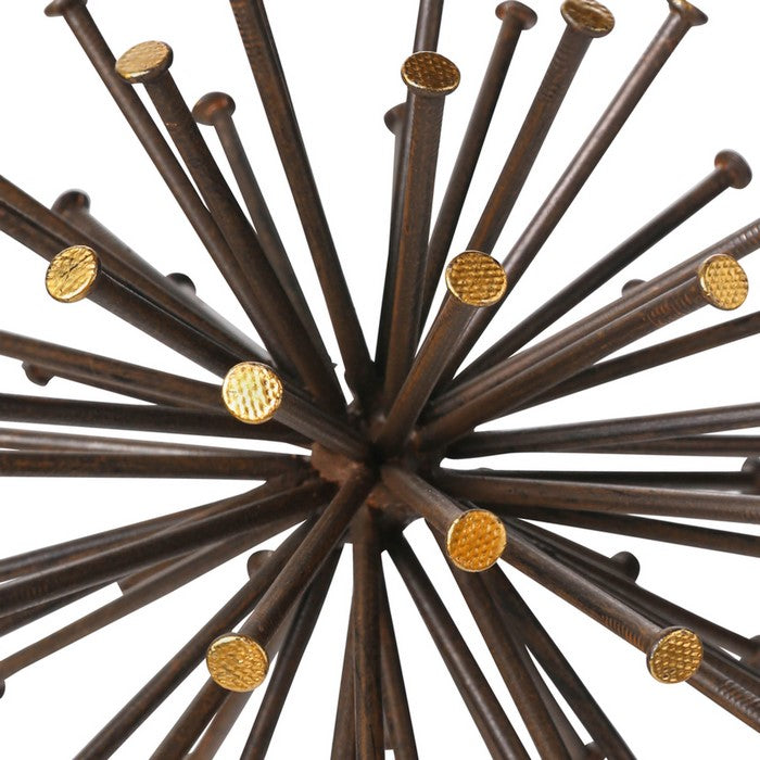 Round Sea Urchin Design Metal Sculpture, Large, Dark Brown and Gold