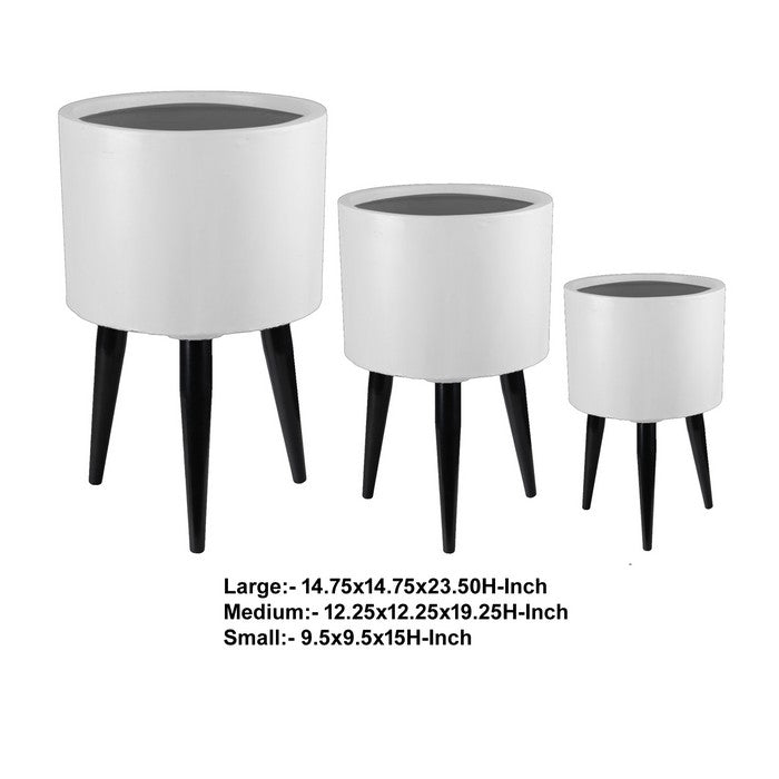 Round Fiberstone Planter with Tripod Tapered Legs, Set of 3, White and Black