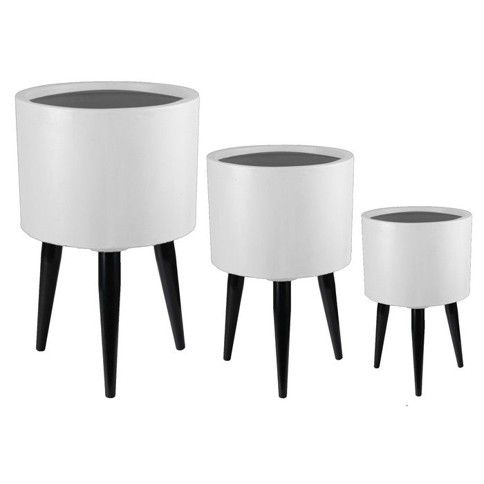 Round Fiberstone Planter with Tripod Tapered Legs, Set of 3, White and Black