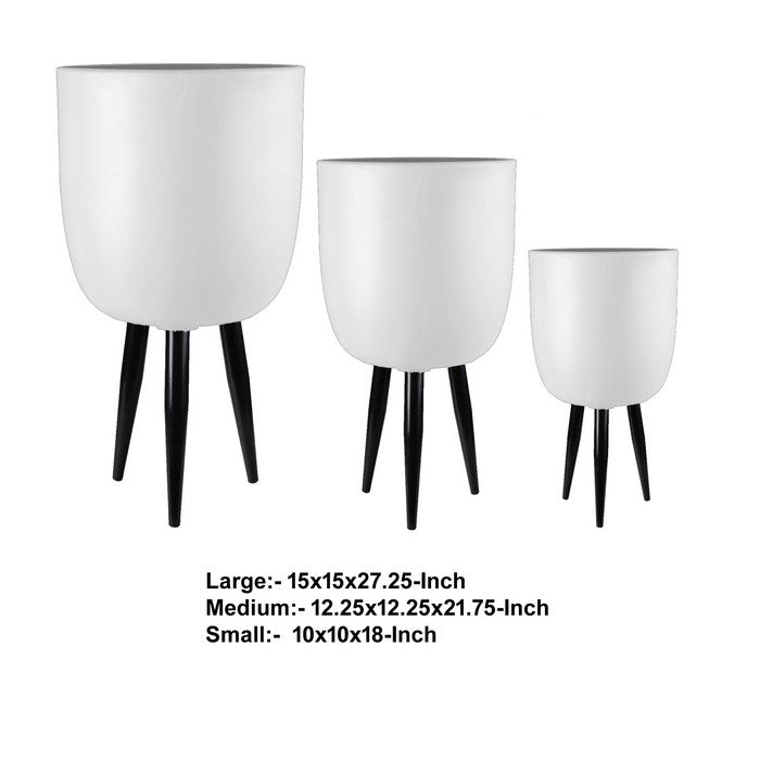 Round Cup Shaped Planter with Tripod Tapered Legs, Set of 3,White and Black