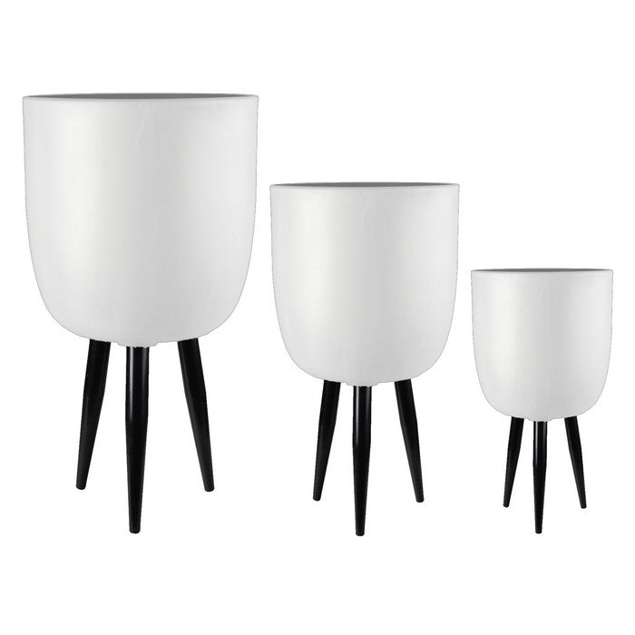Round Cup Shaped Planter with Tripod Tapered Legs, Set of 3,White and Black