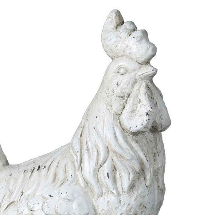 Decorative Fiberstone Long Tail Standing Rooster Figurine, Distressed Cream