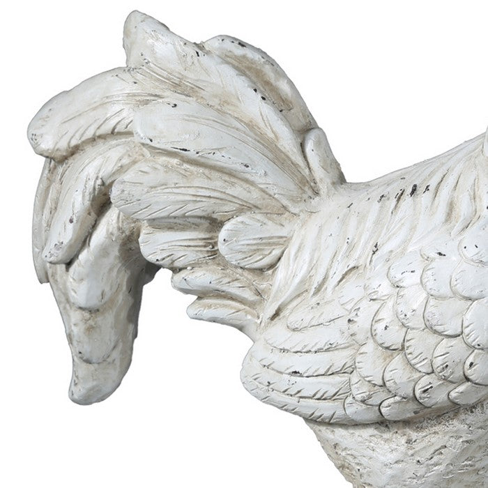 Decorative Fiberstone Long Tail Standing Rooster Figurine, Distressed Cream