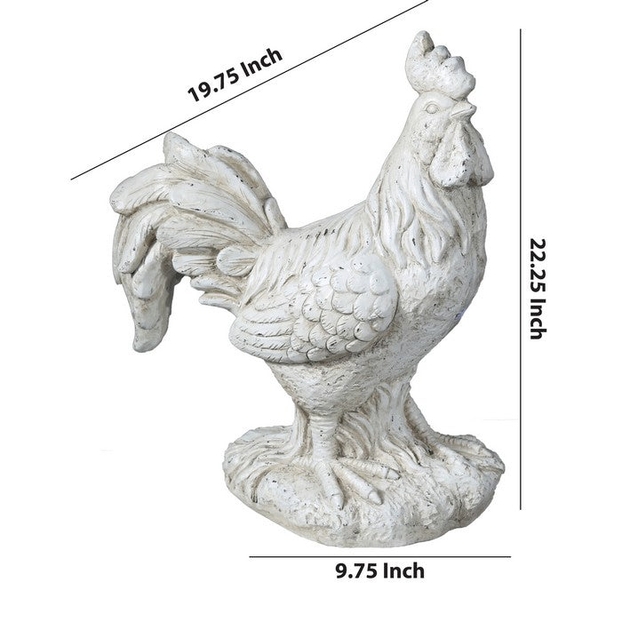 Decorative Fiberstone Long Tail Standing Rooster Figurine, Distressed Cream