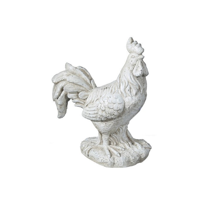 Decorative Fiberstone Long Tail Standing Rooster Figurine, Distressed Cream