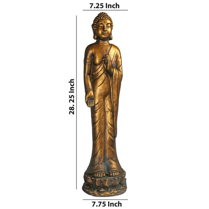 Standing Buddha Fiberstone Figurine with Vitarka Mudra, Distressed Gold