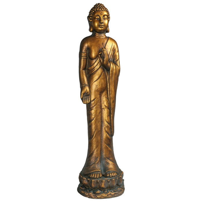 Standing Buddha Fiberstone Figurine with Vitarka Mudra, Distressed Gold