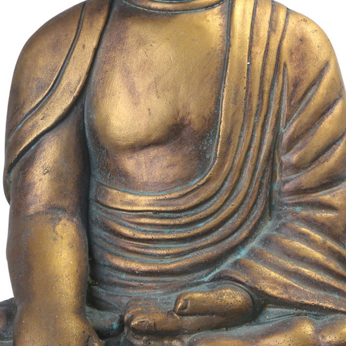 Fiberstone Meditating Buddha Figurine in Bhumisparsa Mudra, Distressed Gold