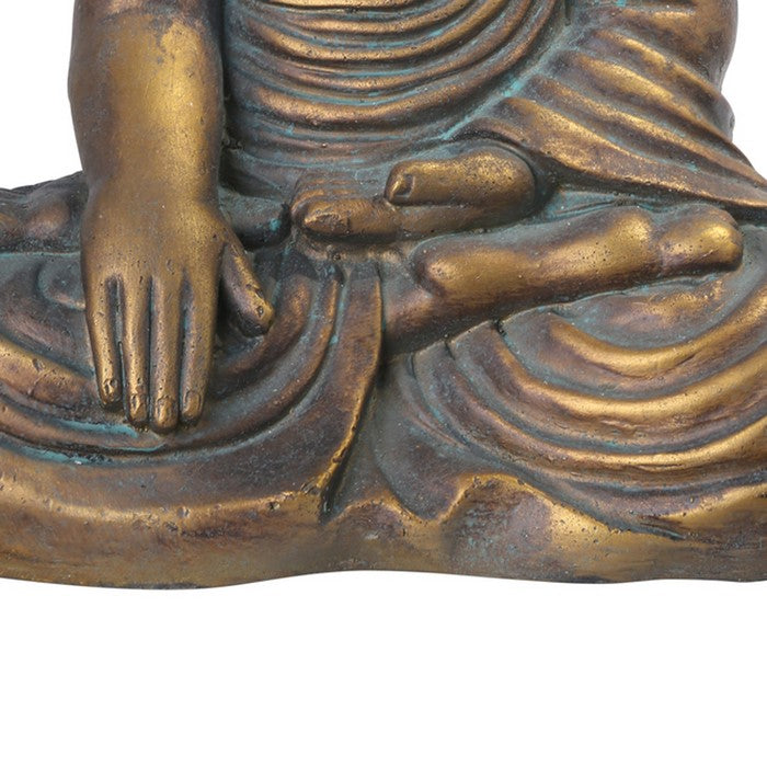 Fiberstone Meditating Buddha Figurine in Bhumisparsa Mudra, Distressed Gold