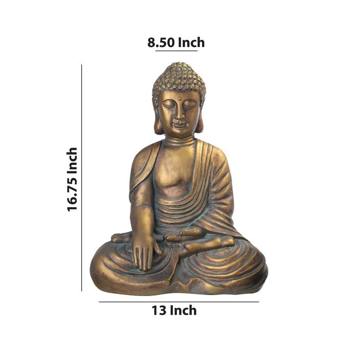 Fiberstone Meditating Buddha Figurine in Bhumisparsa Mudra, Distressed Gold