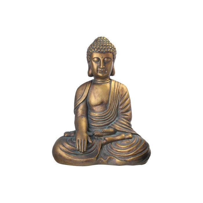Fiberstone Meditating Buddha Figurine in Bhumisparsa Mudra, Distressed Gold