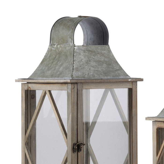 House Shaped Wooden Lantern with Glass Inserts, Set of 2,  Brown and Gray
